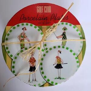 VTG 2004 Boston Warehouse Golf Club Plates x4 Anne Ormsby Golfing Flamingos NIB